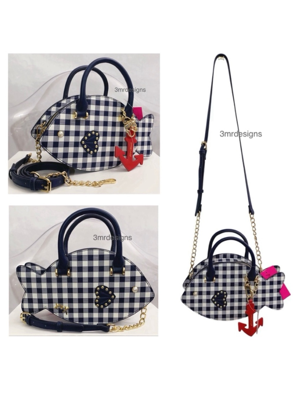 NWT Betsey Johnson 💋FISH Faux Leather Navy Blue Gingham Patterns Crossbody Bag